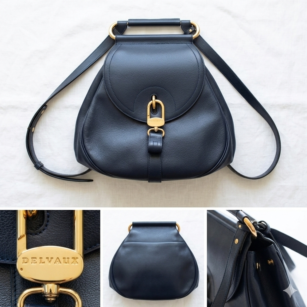 Authentic Vintage Delvaux Cerceau GM in Navy Blue Leather with Mirror *Stunning*